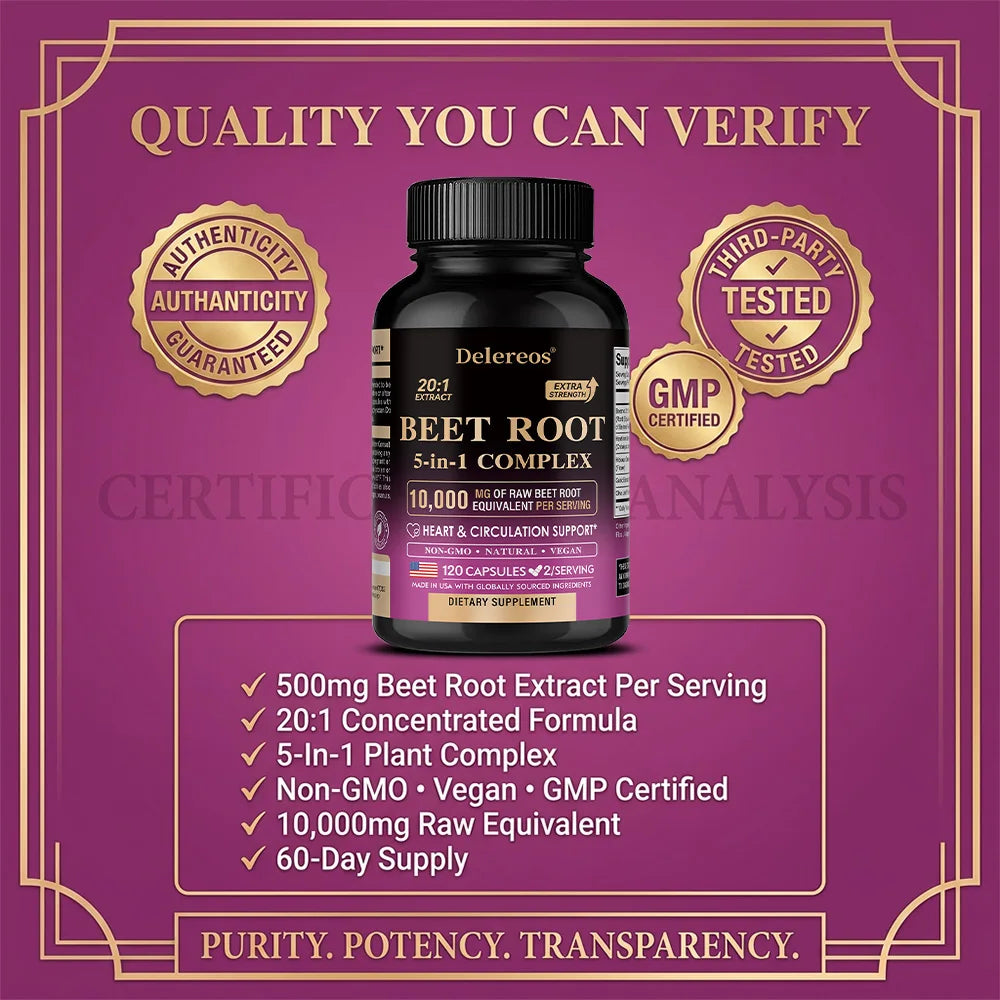 Organic Beetroot Extract Capsules 500mg, Supports Blood Circulation & Heart Wellness, Blood Flow, Improves Immunity