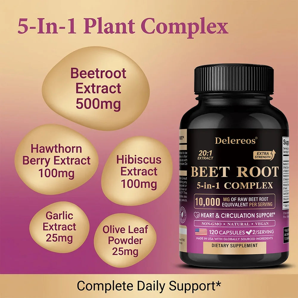 Organic Beetroot Extract Capsules 500mg, Supports Blood Circulation & Heart Wellness, Blood Flow, Improves Immunity