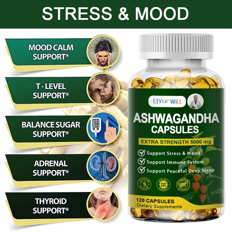 Ashwagandha 5000mg Extra Strength Capsules – Supports Stress Relief, Mood, Sleep & Immune System – Non-GMO, GMP Certified