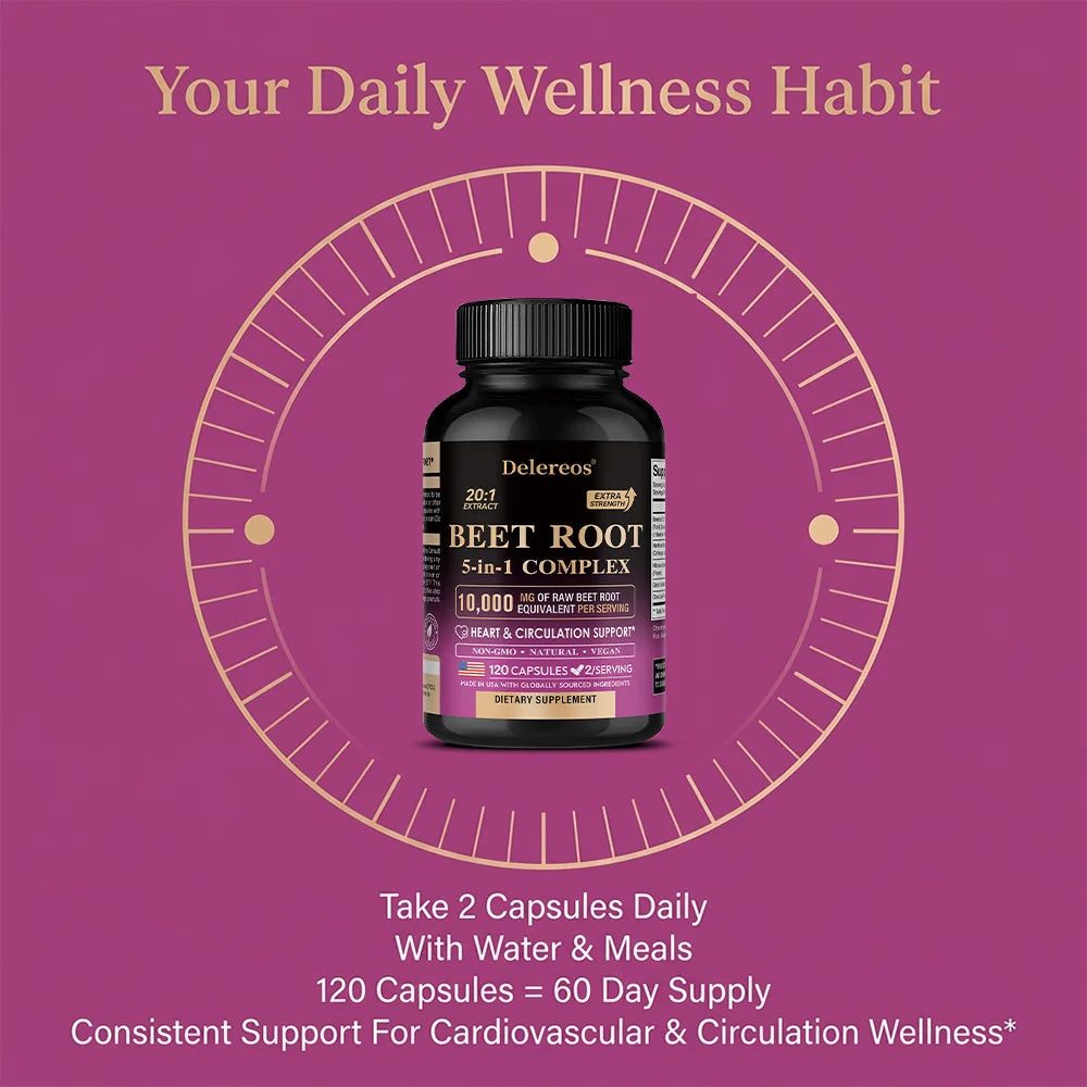 Organic Beetroot Extract Capsules 500mg, Supports Blood Circulation & Heart Wellness, Blood Flow, Improves Immunity