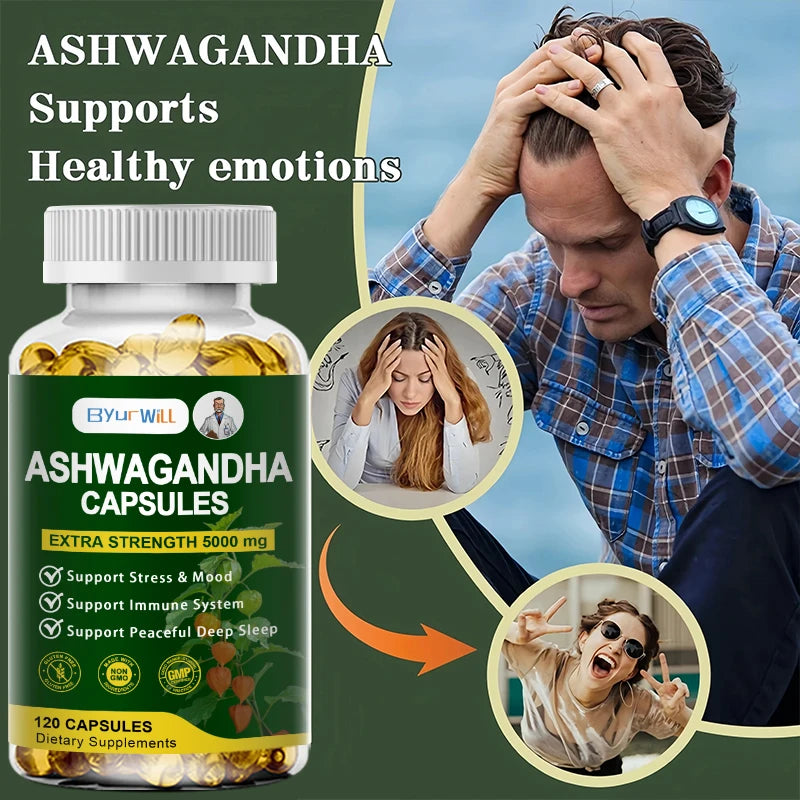 Ashwagandha 5000mg Extra Strength Capsules – Supports Stress Relief, Mood, Sleep & Immune System – Non-GMO, GMP Certified