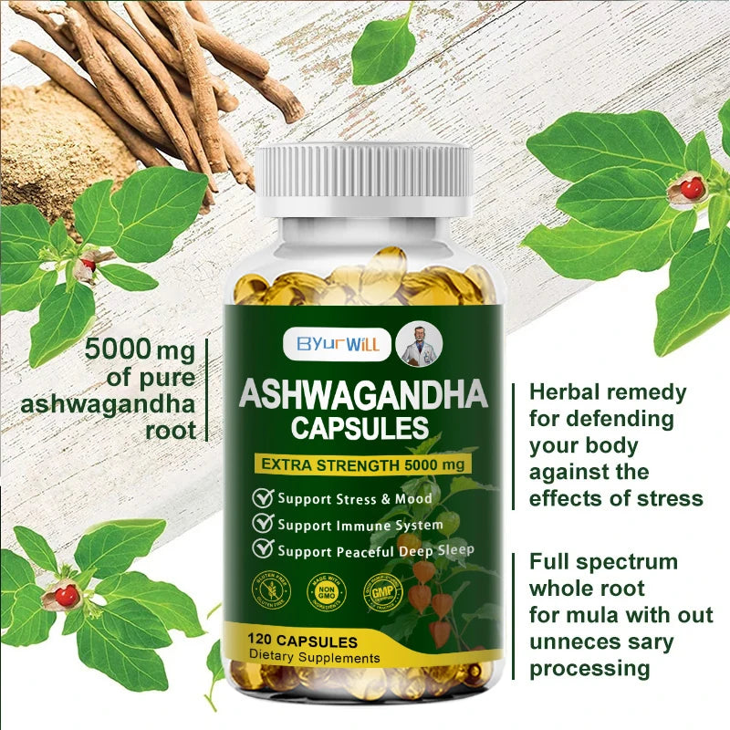 Ashwagandha 5000mg Extra Strength Capsules – Supports Stress Relief, Mood, Sleep & Immune System – Non-GMO, GMP Certified