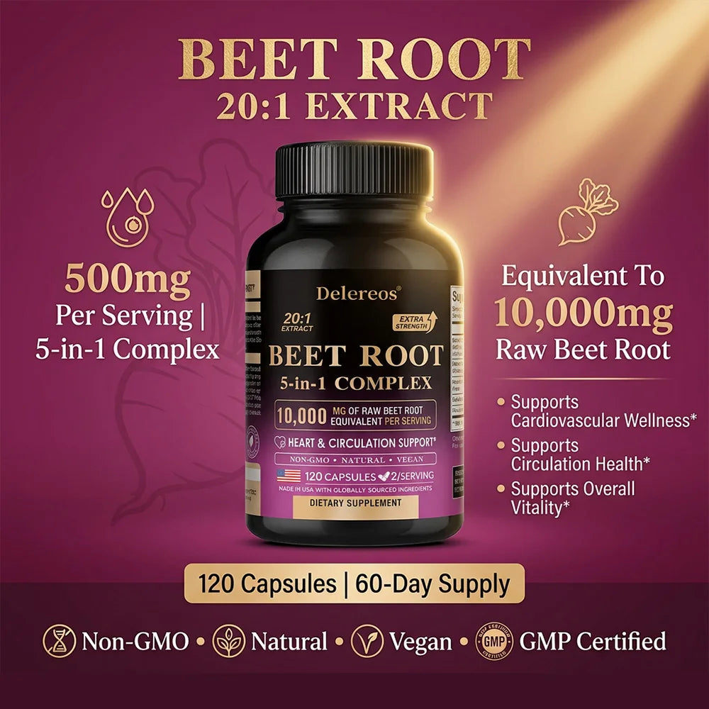 Organic Beetroot Extract Capsules 500mg, Supports Blood Circulation & Heart Wellness, Blood Flow, Improves Immunity